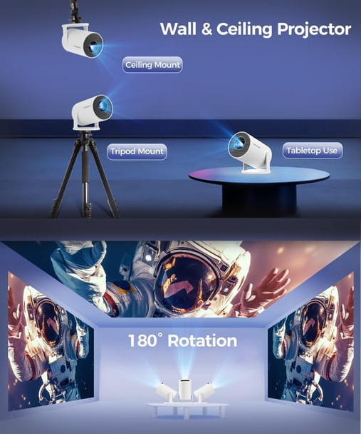 Magcubic HY300PRO Mini Projector with WiFi and Bluetooth, 4K Support 200ANSl Smart Portable Projector, AutoKeystone, 180° Rotation, Home Video Proyector for Home, Bedroom, Outdoor Android 14