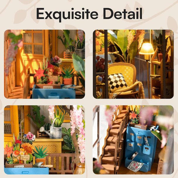 ROBOTIME Book Nook Kit - DIY Miniature House Kit, 3D Wooden Puzzle Booknook, Bookend Bookshelf Insert Decor with LED Light, DollhouseTiny House Hobby Diorama Kit Unique Gifts (Garden House)