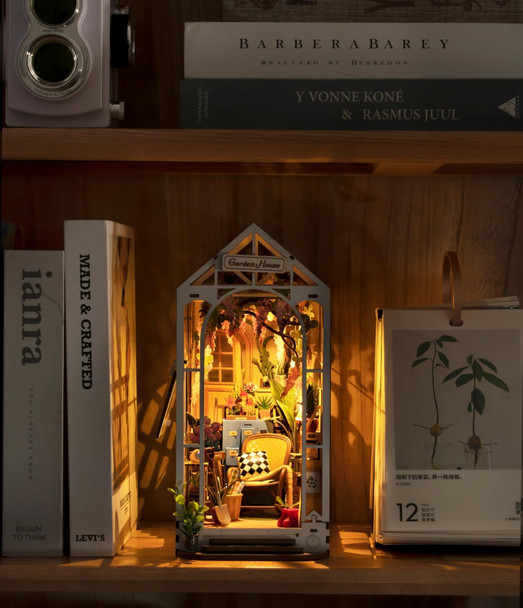 ROBOTIME Book Nook Kit - DIY Miniature House Kit, 3D Wooden Puzzle Booknook, Bookend Bookshelf Insert Decor with LED Light, DollhouseTiny House Hobby Diorama Kit Unique Gifts (Garden House)