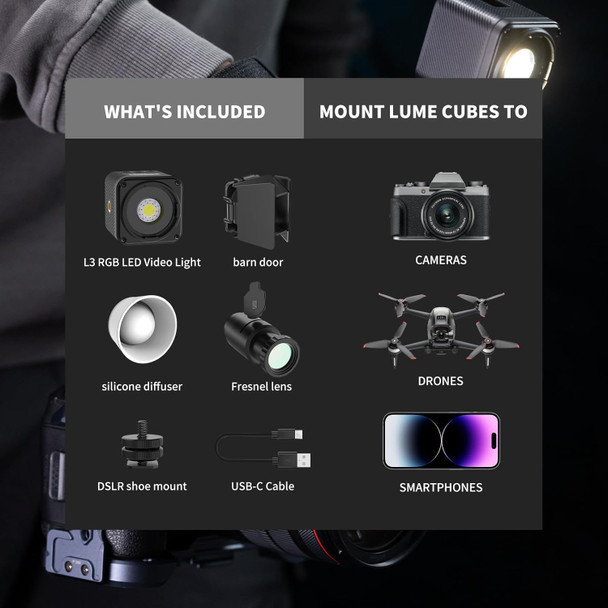 ULANZI L3 RGB LED Video Light, Magnetic Camera Lighting Kit 2700K-7000K Mini Cube COB Light Dimmable Photography Fill Light with Barndoor, Fresnel Lens Cold Shoe for Smartphone,Action,DSLR Camera
