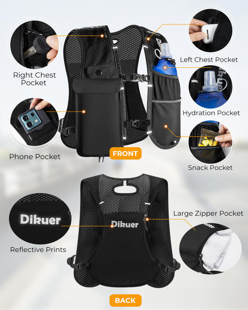 Dikuer Running Vest for Women Men Lightweight Hydration Runner Vest with Transparent Waterproof Phone Pocket 17oz Soft Flask Adjustable Chest Straps Reflective Backpack for Hiking Cycling Jogging