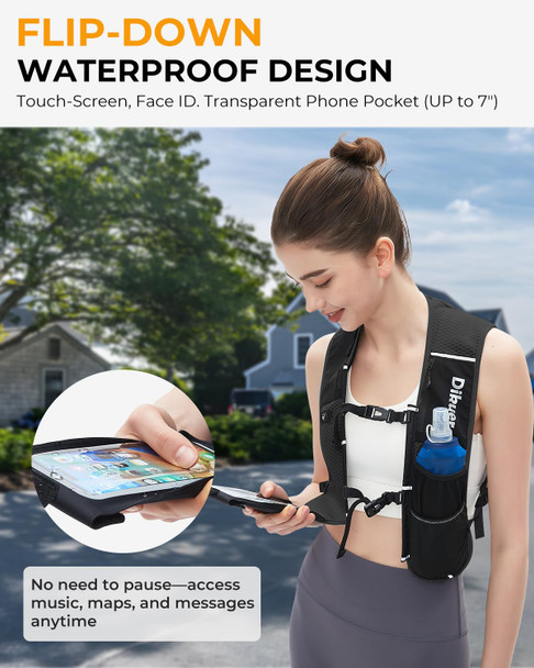 Dikuer Running Vest for Women Men Lightweight Hydration Runner Vest with Transparent Waterproof Phone Pocket 17oz Soft Flask Adjustable Chest Straps Reflective Backpack for Hiking Cycling Jogging