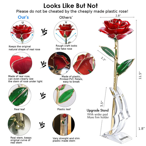 Sinvitron Gold Dipped Infinity Rose - Eternal Resin-Preserved Rose | Forever Flower Decor for Birthdays Mother’s Day Anniversaries  Unique Gift for Women Mom Wife Red