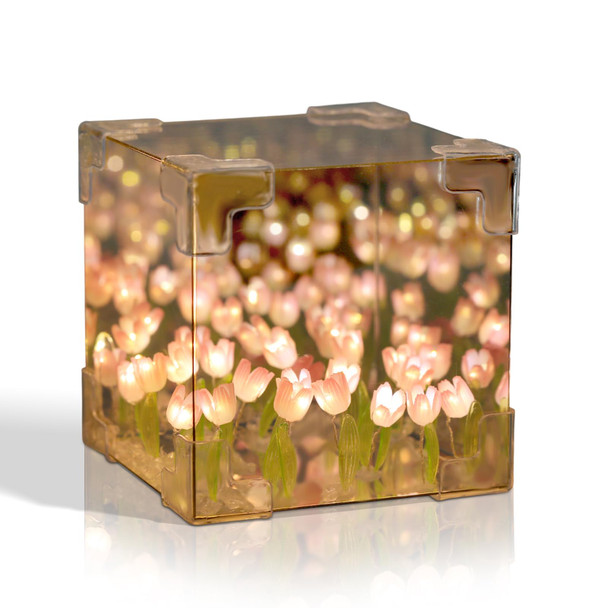Drawelry DIY Tulip Cube Mirror Lamp 21 Flower DIY Handmade Night Light for Bedroom Gifts for Teen Girls Gifts for Mom Tulip Cube Mirror Night Light Pink