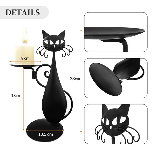 OFILLES Black Cat Candle Holder for Pillar Candles Led Flameless Candles Retro Rustic Farmhouse Home Metal Cat Decor Candlestick for Centerpiece Dining Table Housewarming Gifts