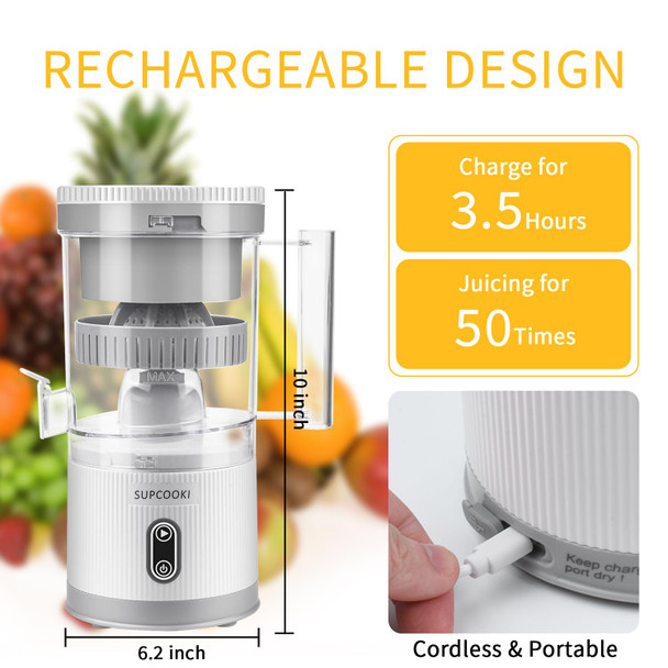 SUPCOOKI Electric Citrus Juicer Rechargeable Juicer Machine with USB Cable and Cleaning Brush Touch Button Automatic Orange Lime Lemon Grapefruit Squeezer Easy to Clean Portable Juicer White