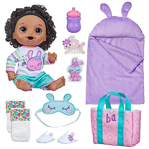 Baby Alive Bunny Sleepover Baby Doll, Bedtime-Themed 12-Inch Dolls, Sleeping Bag & Bunny-Themed Doll Accessories, Toys For 3 Year Old Girls And Boys And Up, Black Hair ( Exclusive)