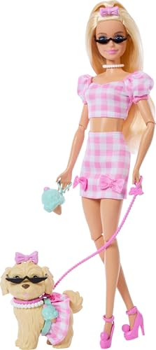 Barbie Twinning Looks Doll With Pet Dog In Matching Pink Gingham Clothes And Accessories For Both Like Sunglasses, Necklaces And Bows, Blonde