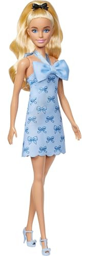 Barbie Fashionistas Doll #237 With Wavy Blonde Ponytail Wearing Blue Bow Halter Dress, Black Hair Bow Accessory And Matching Blue Heels