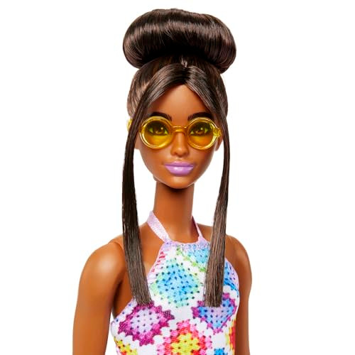 Barbie Fashionistas Doll #210 With Brunette Hair In Bun Wearing Removable Colorful Crochet Halter Dress, Sunglasses & Sandals