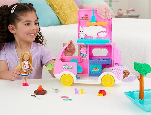 Barbie Camper, Chelsea 2-In-1 Playset With Small Doll, 2 Pets & 15 Accessories, Vehicle Transforms Into Camp Site ( Exclusive)