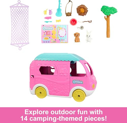 Barbie Camper, Chelsea 2-In-1 Playset With Small Doll, 2 Pets & 15 Accessories, Vehicle Transforms Into Camp Site ( Exclusive)
