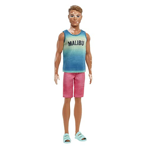 Barbie Fashionistas Ken Fashion Doll #192 With Brunette Cropped Hair & Vitiligo In Malibu Tank, Shorts & Sandals