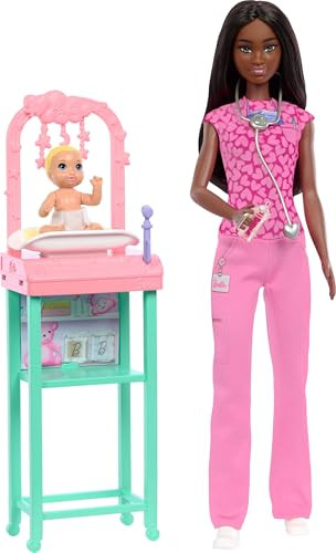 Barbie Baby Doctor With Brunette Fashion Doll Wearing Pink Scrubs, 1 Baby Doll With Accessories & Furniture