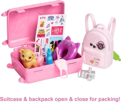Barbie Doll & Accessories, Travel Set With Puppy And 10+ Pieces, Suitcase Opens & Closes, Barbie "Malibu" With Blonde Hair