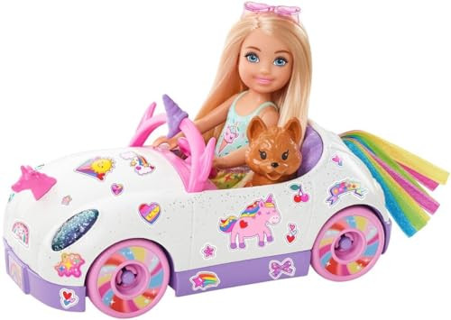 Barbie Chelsea Toy Car Set With Bear-Themed Convertible & Teddy Bear Accessory, Blonde Small Doll Wears Removable Skirt & Shoes