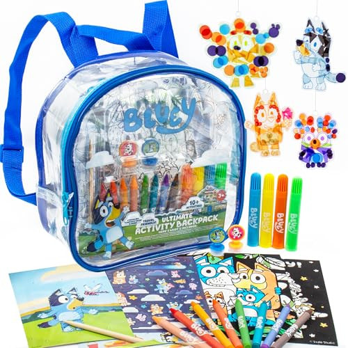 Bluey Ultimate Activity Backpack, 10+ Activities, Includes Backpack With 4 Sticker Suncatchers With 4 Suction Cups, 4 Surprise Scratch Arts, 2 Velv-Its Posters, 1 Coloring Roll, 4 Markers, Kid s