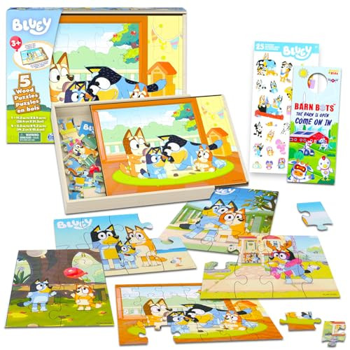 Bluey Wooden Puzzle 5 Pack - Bluey Wood Puzzles Bundle With Holding Tray, Stickers And More  Bingo Jigsaw Puzzles For Kids