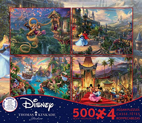 Ceaco - 4 In 1 Multipack - Thomas Kinkade - Disney Dreams Collection - Tangled, Sleeping Beauty, Peter Pan, & Mickey And Minnie - (4) 500 Piece Jigsaw Puzzles, 18 X 14