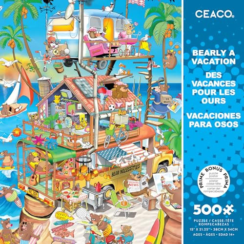 Ceaco - Rj Crisp - Bearly A Vacation - 500 Piece Jigsaw Puzzle - Relaxing And Fun Activity For Adults