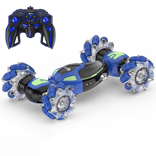 Contixo Rc Stunt Racing Cars, Blue 4Wd Off-Road Rotate 360 Degrees Double-Sided Driving Flips & Spins Bluetooth Remote Control Cars Kid Toys With Lights Music For Boys & Girls Ages 6+