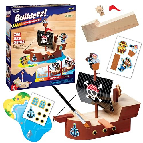 Creativity For Kids Buildeez Easy Wooden Model Set: Pirate Ship, Sea Skull - Diy Arts & Crafts Kit, Stem Toys And  For Kids, Boat Toys For Boys (Ages 5+)