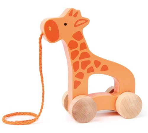 Hape Giraffe Wooden Push And Pull Toddler Toy, L: 5.3, W: 2.4, H: 5.9 Inch, Orange