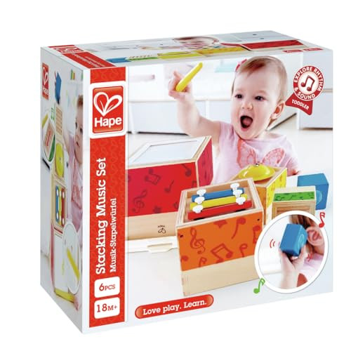 Hape Stacking Music Set  Colorful 6 Piece Musical Box Toy, Wooden Set For Kids 18 Months+