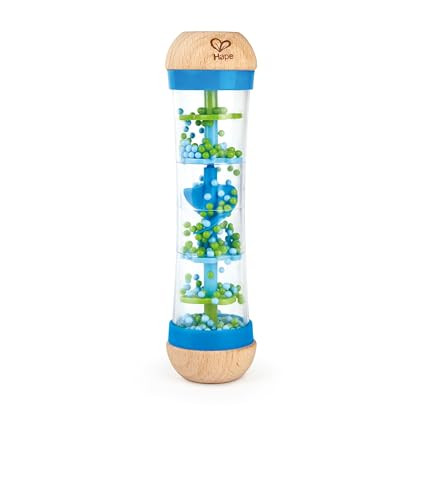 Hape Beaded Raindrops  Mini Wooden Musical Shake & Rattle Rainmaker Toy, Blue, Model Number: E0328B