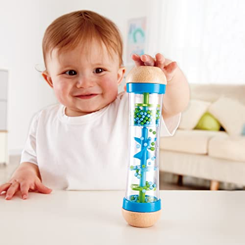 Hape Beaded Raindrops  Mini Wooden Musical Shake & Rattle Rainmaker Toy, Blue, Model Number: E0328B