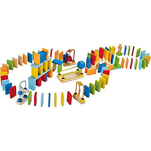 Hape Dynamo Wooden Domino Set Award Winning Domino Racing Building Block Set For Kids, 107 Solid Pieces Of Fun Filled Racing, Building And Stacking