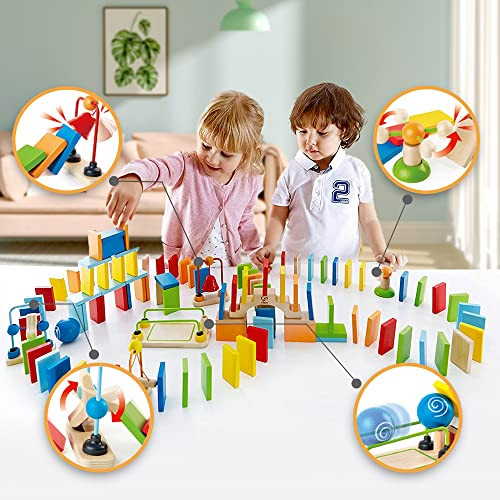 Hape Dynamo Wooden Domino Set Award Winning Domino Racing Building Block Set For Kids, 107 Solid Pieces Of Fun Filled Racing, Building And Stacking
