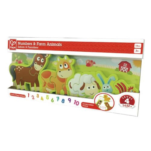 Hape Numbers & Farm Animal Puzzle Double-Sided Wooden Jigsaw Game For Kids 10-Piece, Multi-Coloured