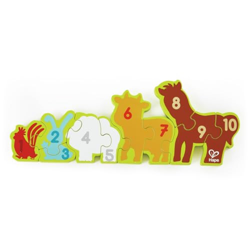 Hape Numbers & Farm Animal Puzzle Double-Sided Wooden Jigsaw Game For Kids 10-Piece, Multi-Coloured