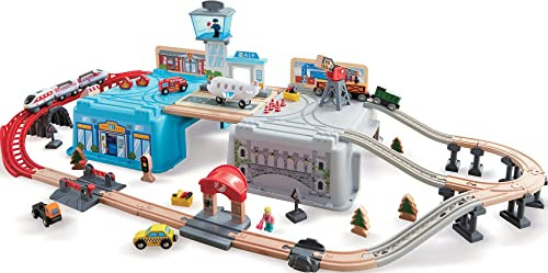 Hape Super Cityscape Transport Bucket Set  Wooden Toy Train Set With City Scenes, Plane, Battery-Powered Engine, For Children 3+ Years
