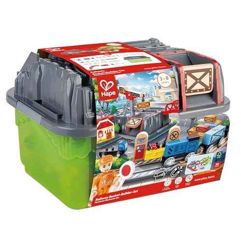 Hape Railway Bucket Builder Set  50-Piece Multi-Color Wooden Train Set Toy, Construction Building Kit For Kids