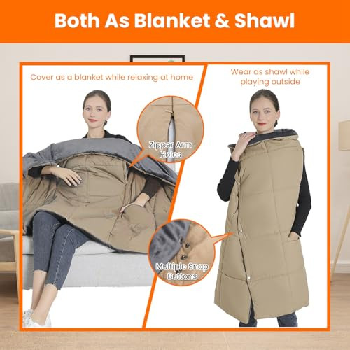 Imountek Electric Throw Blanket Usb Heated Blanket Electric Heated Poncho Shawl Wrap Throw W/Zipper Arm Holes Pocket 3 Heating Level 6 Zones Dual Switch Machine Washable For Home Outdoor/Grey(Medium)
