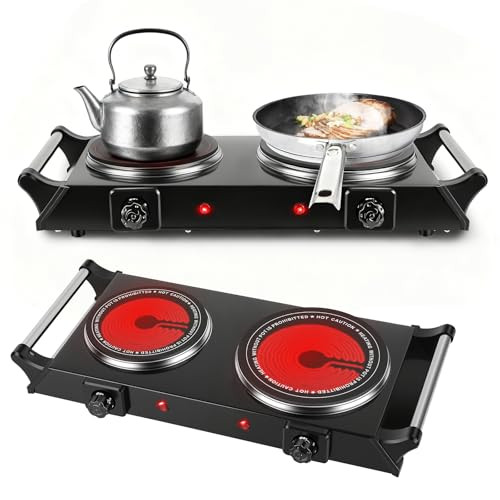 Imountek Electric Double Burner 1800W Portable Heating Hot Plate Stove Countertop Rv Hotplate With 5 Temperature Stepless Adjustments Compact Portable Handles For Home Camp/Black