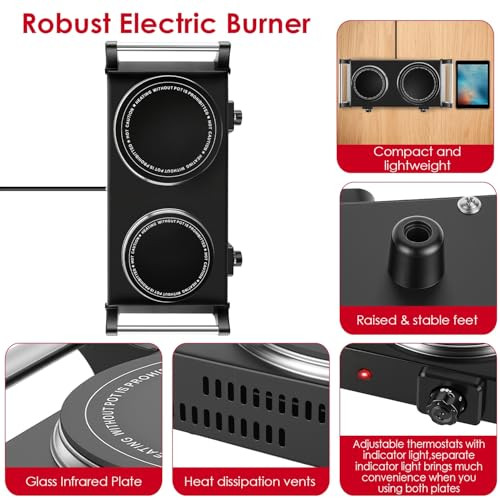 Imountek Electric Double Burner 1800W Portable Heating Hot Plate Stove Countertop Rv Hotplate With 5 Temperature Stepless Adjustments Compact Portable Handles For Home Camp/Black