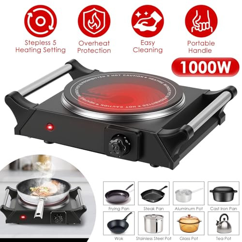 Imountek Electric Single Burner- 1000W Portable Heating Hot Plate Stove Countertop Rv Hotplate With 5 Temperature Stepless Adjustments Portable Handles For Home Camp/Black