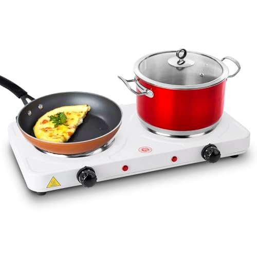 Imountek Portable Hot Plate, 2000W Double Electric Burner Portable Dual Counter Stove Countertop Hot Plate Kitchen Cooker Stove With 5 Gear Temperature Control For Camping Outdoor Indoor, White