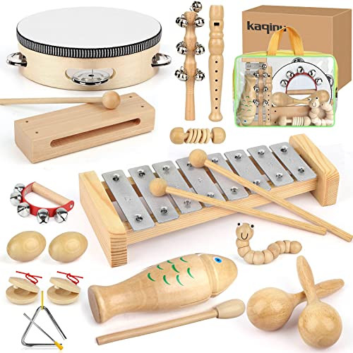 Kaqinu Kids Musical Instruments,100% Natural Wooden Music Percussion Toy Sets, 23 Pcs Tambourine Xylophone Toys For Kids, Girls Boys Preschool Education Early Learning Musical Toys With Bags