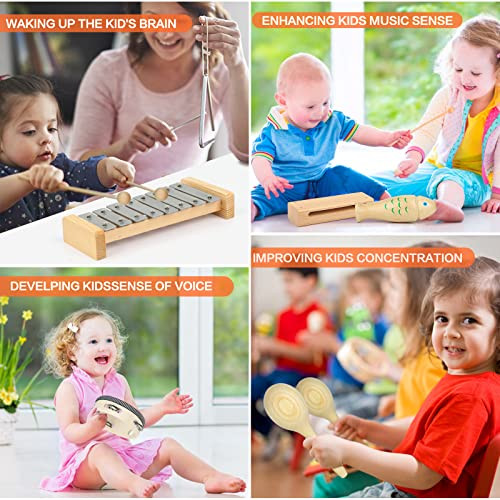 Kaqinu Kids Musical Instruments,100% Natural Wooden Music Percussion Toy Sets, 23 Pcs Tambourine Xylophone Toys For Kids, Girls Boys Preschool Education Early Learning Musical Toys With Bags