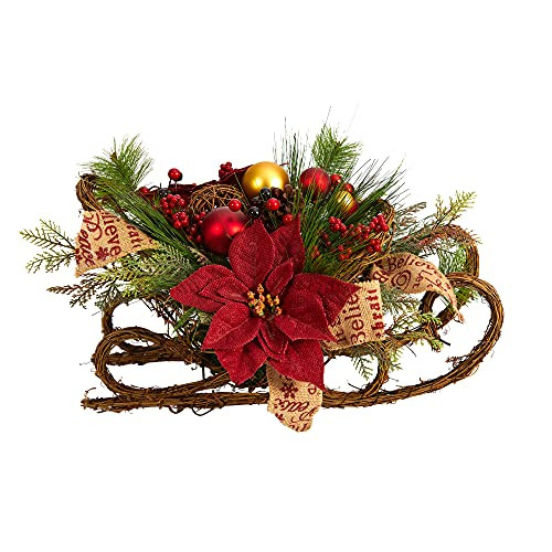 Nearly Natural 18In. Christmas Sleigh With Poinsettia, Berries And Pinecone Artificial Arrangement With Ornaments