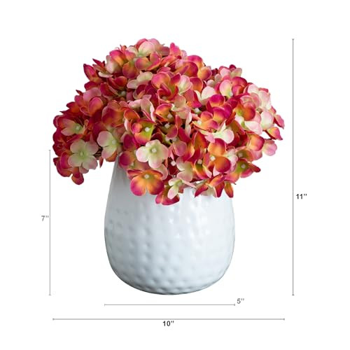 Nearly Natural 11-In Artificial Hydrangea Flower Arrangement In Decorative White Metal Vase, Pink Faux Hydrangeas With Lifelike Petals For Tabletop, Desk, Centerpiece, Or Shelves