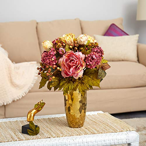 Nearly Natural 19In. Peony Artificial Arrangement In Gold Vase