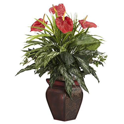 Nearly Natural Mixed Greens & Anthurium With Decorative Vase Silk Plant