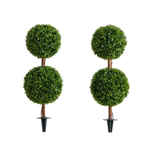 Nearly Natural 3Ft Uv-Resistant Artificial Double Ball Boxwood Topiary, Set Of 2 With Integrated Ground Stake, Premium Fade-Proof Faux Greenery, Ideal For Indoor And Outdoor Decor, Easy Installation