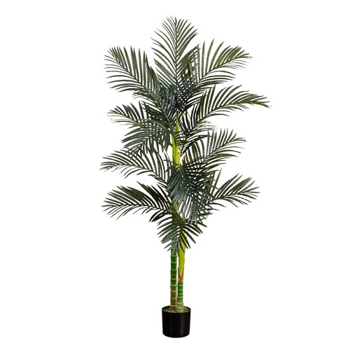 Nearly Natural 6Ft Golden Cane Palm Tree, Artificial Double Stalk With Lifelike Leaves, Bendable Branches, Includes Nursery Planter, Ideal For Indoor Decor, Vibrant Green