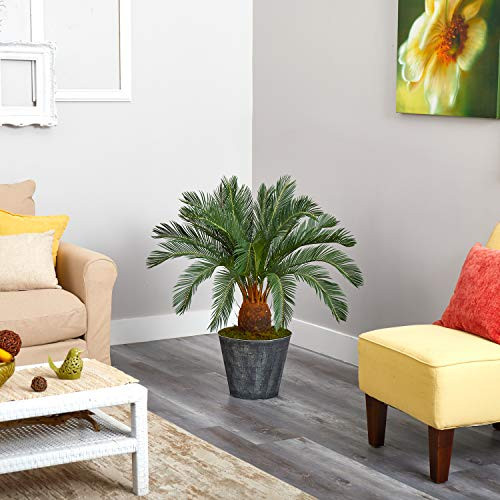 Nearly Natural 40In. Cycas Artificial Tree In Black Embossed Tin Planter